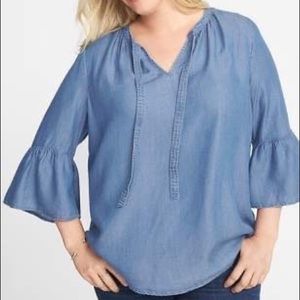 Old Navy Women's Blouse Blue Chambray -Bell Sleeve with Tie Neck - Small EUC